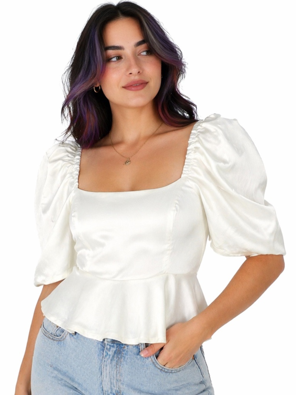 Lulu’s White Satin Peplum Blouse Puff Sleeve Square Neck Top Small